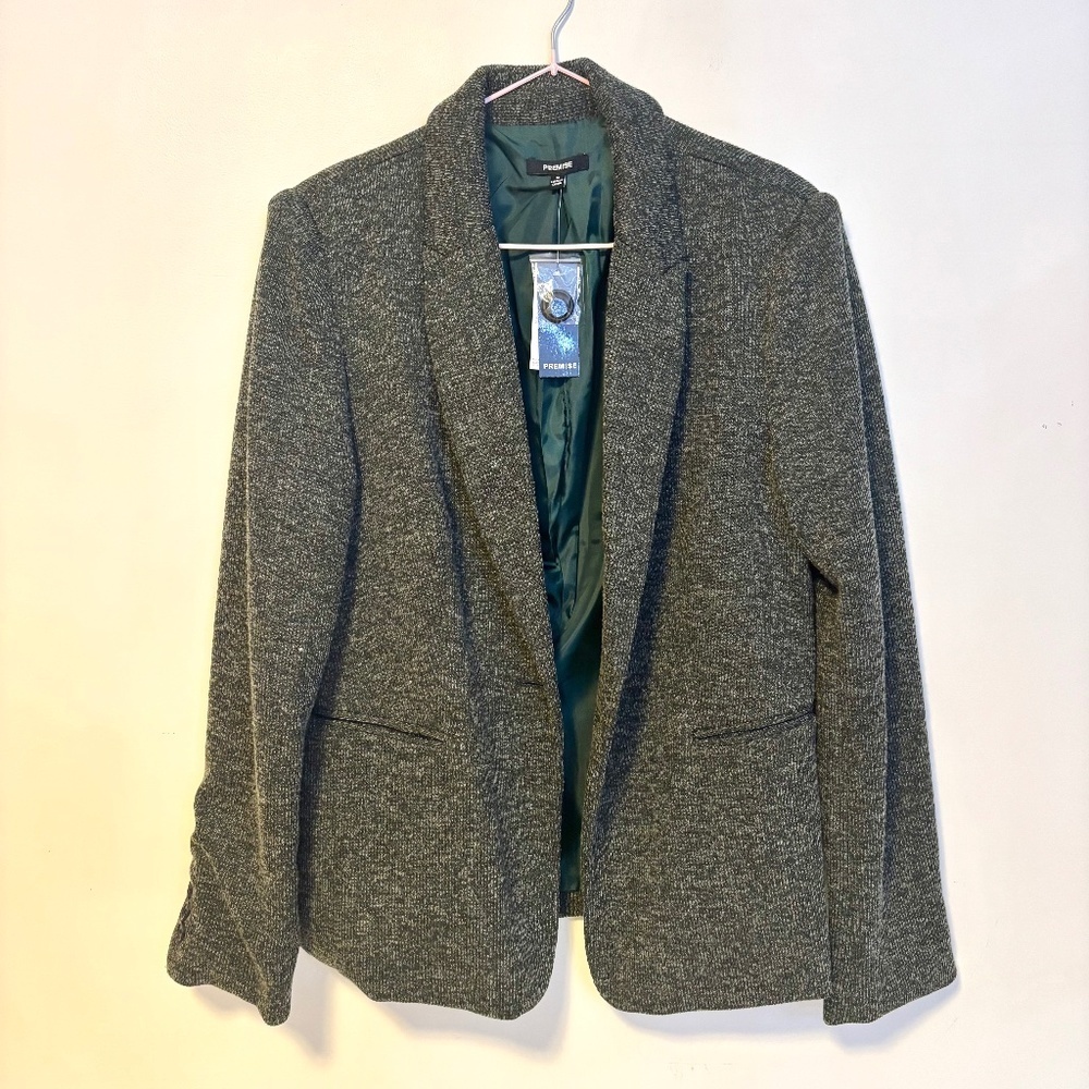 Premise One Button Terry Blazer Jacket Heather Olive Green Womens Size 12 NWT